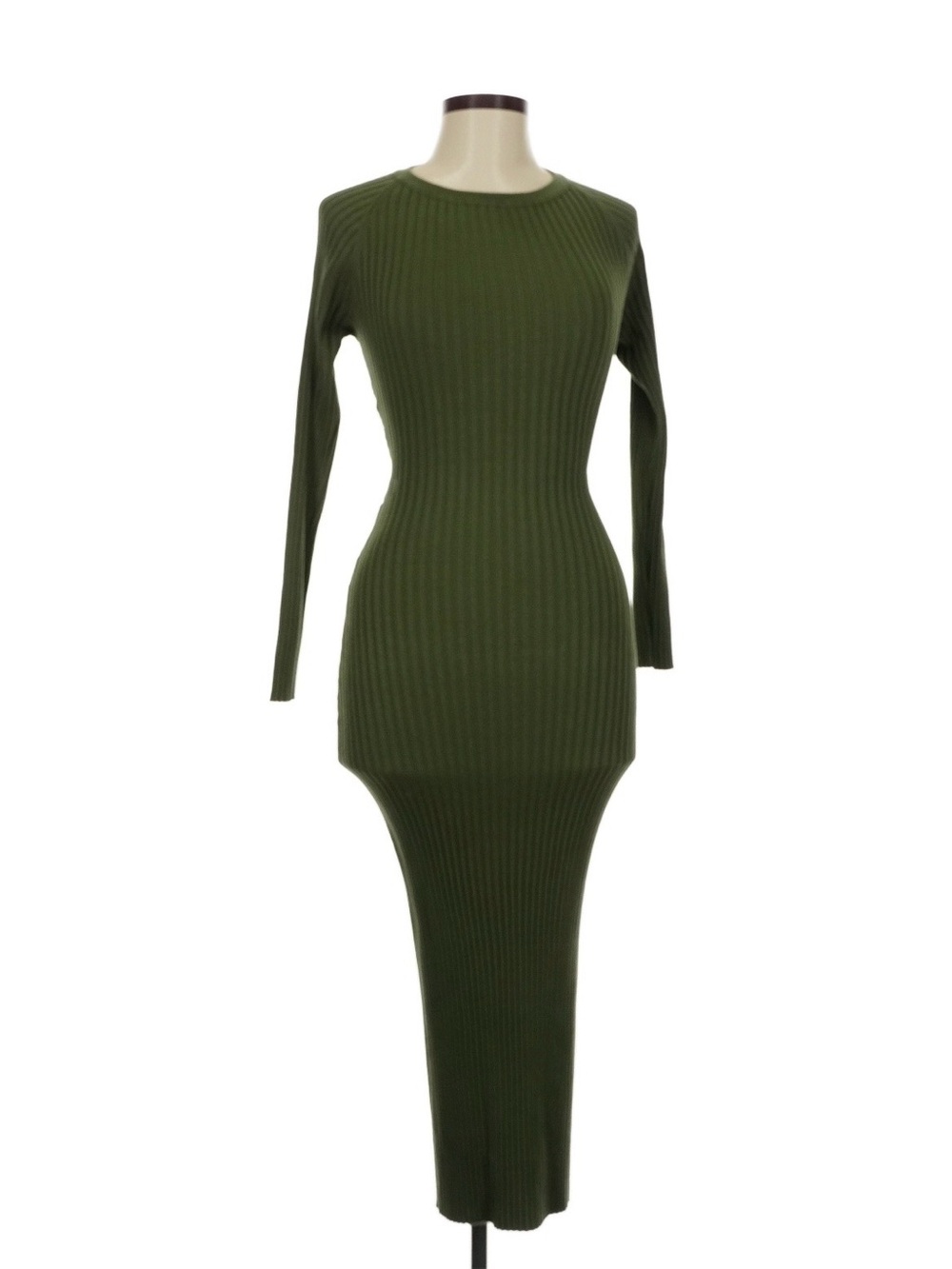 Bardot Olive Green Ribbed Long-Sleeve Bodycon Midi Dress Criss Cross Back